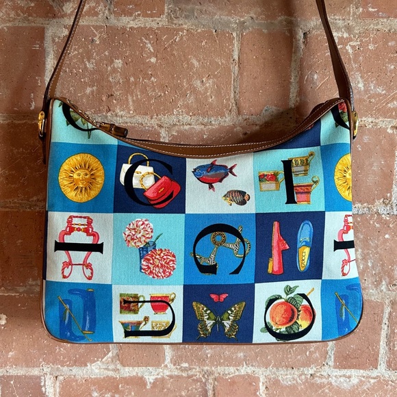 GUCCI Rare Vintage Blue Checkered Scarf Print Shoulder Bag - Picture 4 of 16